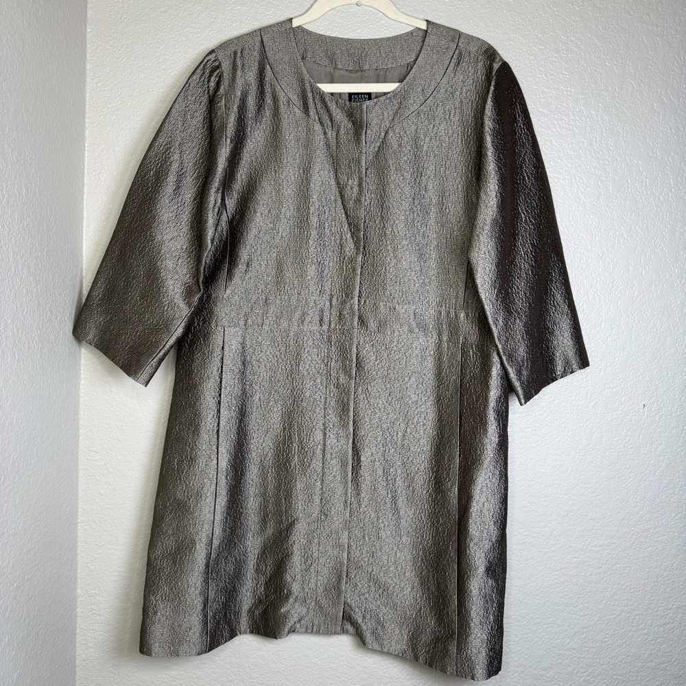 Eileen Fisher Women’s Silk Silver Bronze Metallic A-Line 3/4 Sleeve Coat Size L